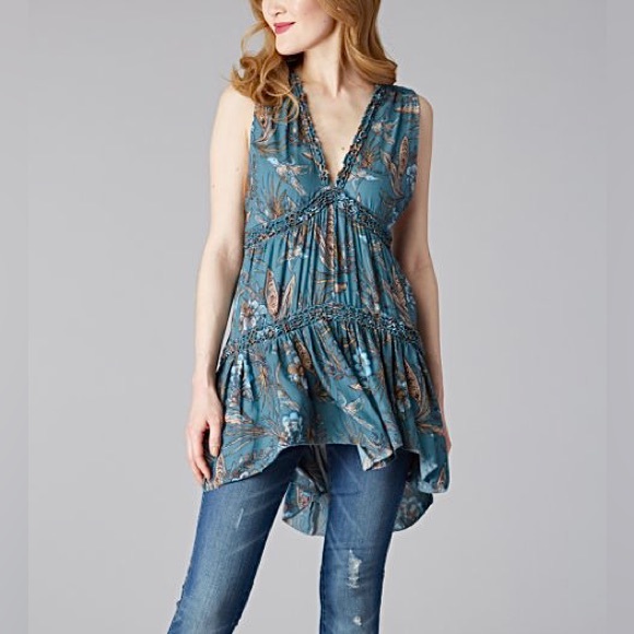 🌎Free People Floral Haze Hummingbird Turquoise Boho Tunic NWT~Small - Picture 4 of 13